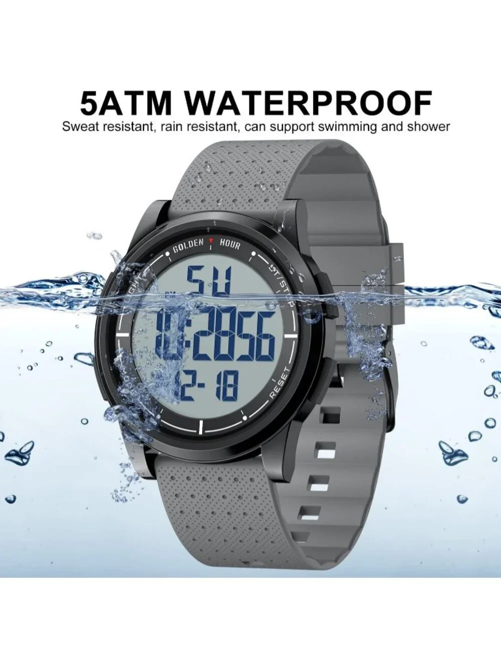 Men's Grey Rubber Strap Ultra-Thin Minimalist Sports Waterproof Digital Watch